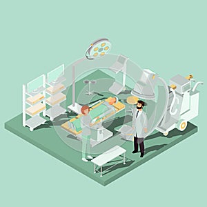 Vector isometric interior of operating room with operating table, medical and lighting equipment