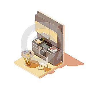 Vector isometric kitchen interior cross-section with island