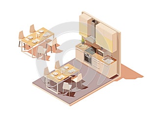 Vector isometric kitchen interior cross-section with island