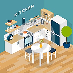 Vector isometric kitchen interior