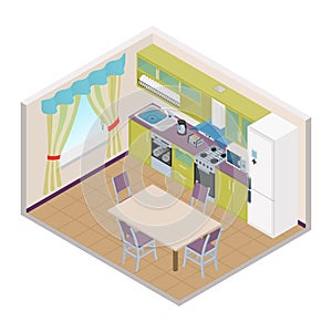 Vector isometric kitchen interior - 3D illustration