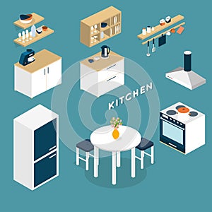 Vector isometric kitchen interior objects