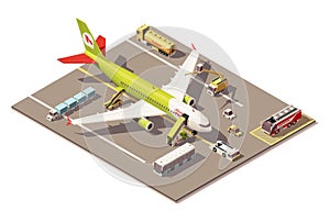 Vector isometric low poly airport apron with airplane, Ground Support Equipment and vehicles