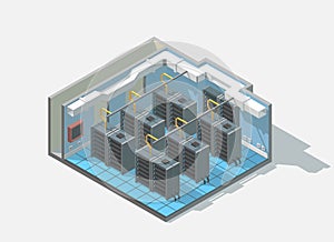 Vector isometric low poly bit coin cryptocurrency mining block chain data center cutaway icon.