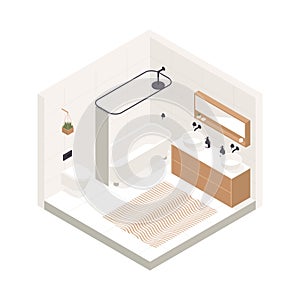 Vector isometric low poly cozy bathroom with various furniture. Modern vector illustration.