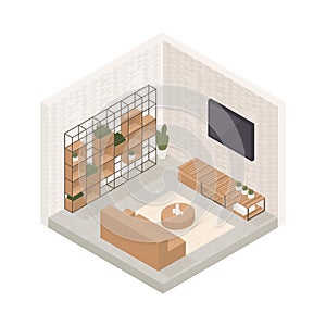 Vector isometric low poly cozy living room with various furniture. Modern vector illustration.