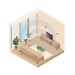 Vector isometric low poly cozy living room with various furniture. Modern vector illustration.