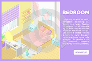 Vector isometric low poly cutaway interior illustartion. Bedroom. Banner for a web site