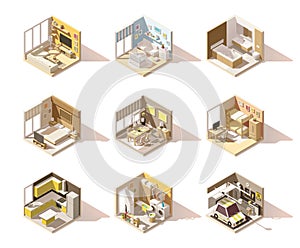 Vector isometric low poly home rooms set