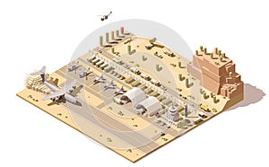 Vector isometric low poly infographic element representing map of military airport or airbase with jet fighters