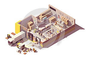 Vector isometric low poly warehouse cross-section photo