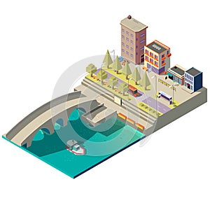 Vector isometric map of town with buildings