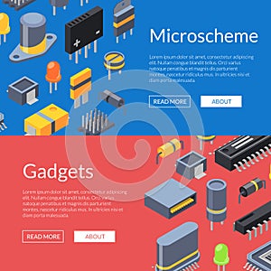 Vector isometric microchips and electronic parts icons