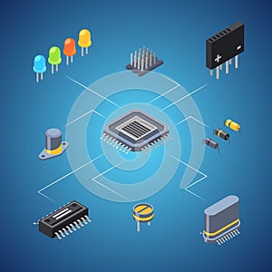 Vector isometric microchips and electronic parts icons infographic concept illustration