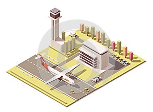 Vector isometric minimalistic low poly airport terminal building with control tower