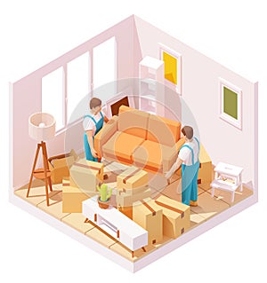 Vector isometric movers carrying sofa in room