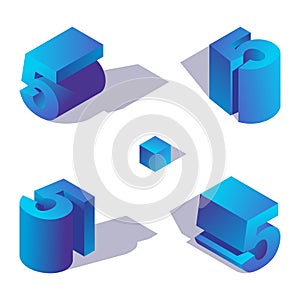 Vector isometric number 5 in various foreshortening, decorated with shadows, drawn in 3d in blue shades