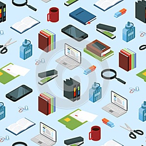 Vector isometric office stationery elements background or pattern illustration
