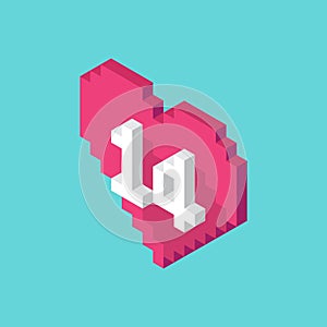 Vector isometric pixel Valentine`s day heart icon with long shadow