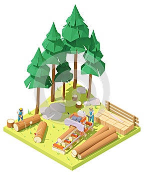Vector isometric portable sawmill in forest