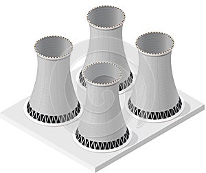 Vector isometric powerplant system, isolated. Four cooling towers, white background.