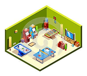 Vector isometric recreation entertainment room