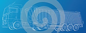 Vector Isometric representing truck or tractor with tipper semi-trailer. Created illustration of 3d. Wire-frame