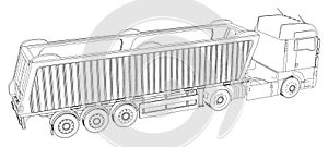 Vector Isometric representing truck or tractor with tipper semi-trailer. Created illustration of 3d. Wire-frame.