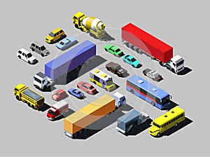 Vector isometric road cars, trucks and other vehicles