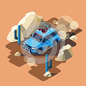 Vector isometric safari car desert landscape