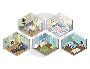 Vector isometric sat of home or flat furniture, Different kind of rooms photo