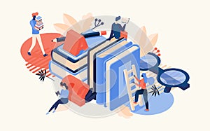 Vector isometric scene with large books, glasses, letter a and reading people. Drawn with bright orange and blue colors educative