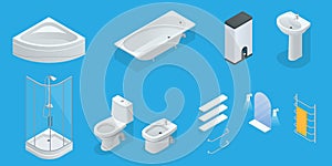 Vector isometric set of bathroom furniture. Jacuzzi, bath, boiler, washbasin, shower, shower, toilet, bidet, dryer