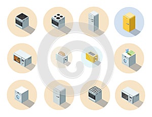 Vector isometric set of household appliances icon, 3d flat interior design.