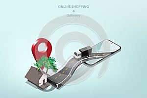 Vector isometric shopping Online delivery concept on mobile with cargo trucks run on roads to carry goods from stores to customer