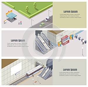 Vector isometric subway underground banner set