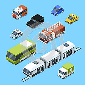 Vector isometric transport, 3d car icons set isolate on white background. Urban traffic pictures