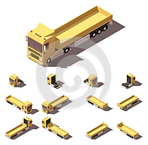 Vector isometric truck with cargo semi-trailer icon set