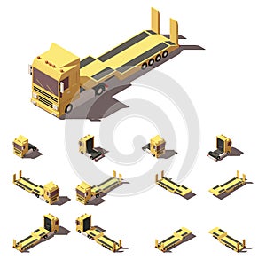 Vector isometric truck with lowboy semi-trailer icon set