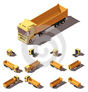 Vector isometric truck with tipper semi-trailer icon set