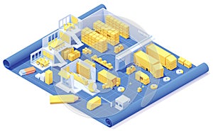 Vector isometric warehouse building on blueprint