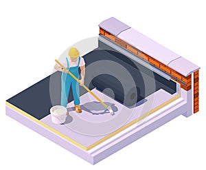 Vector isometric worker at flat roof insulation