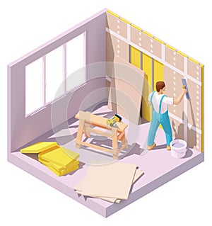 Vector isometric worker plastering wall