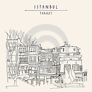 Vector Istanbul, Turkey postcard. Hand drawn travel sketch of residential buildings. Shopping street freehand drawing. Vintage