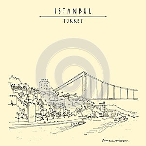 Vector Istanbul, Turkey postcard. Hand drawn travel sketch of the Rumeli Fortress and the Fatih Sultan Mehmet suspension bridge,