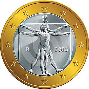 Vector Italian money gold coin one euro (Vitruvian