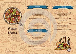 Vector italian pizza restaurant menu template with hand drawn colored elements