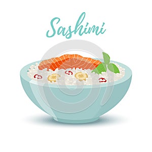 Vector Japan food - sashimi in blue bowl. Salmon