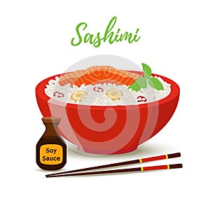Vector Japan food - sashimi in red bowl. Salmon