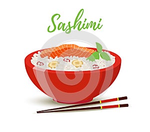 Vector Japan food - sashimi in red bowl. Salmon